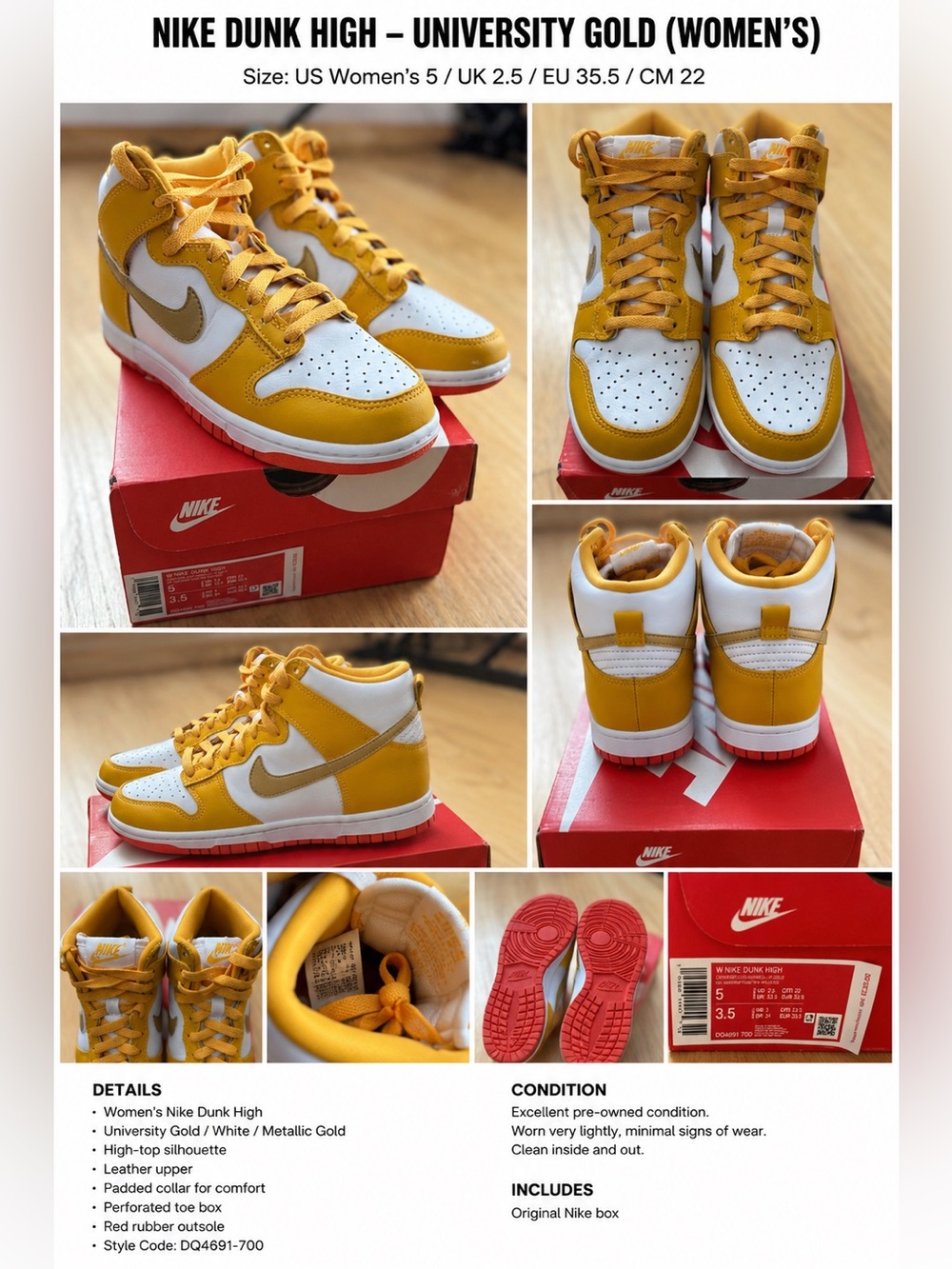 Nike Dunk High University Gold Orange Women 5, Men 3.5 DQ4691700 Brand New w Box